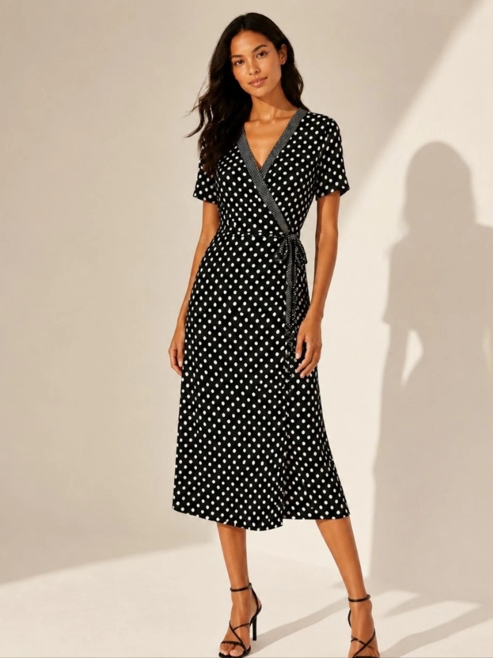Vintage 80s Black Wrap Dress White Polka Dot Corpcore Stretch Plus Size 18